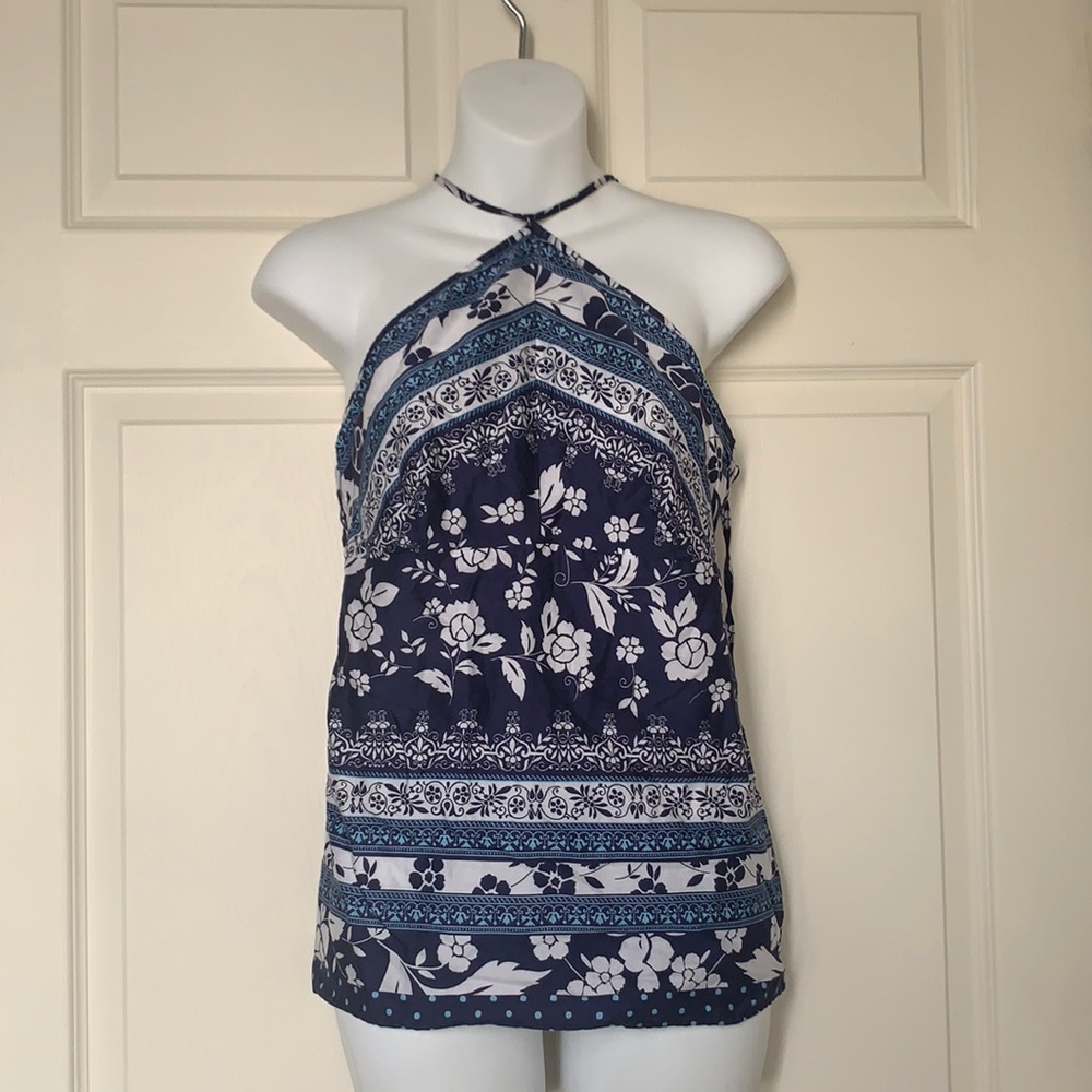 Ann Taylor Loft 100% Cotton Navy-Azure-White Halter Top